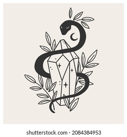 Occult magic snake with crystal. Black snake among branches and leaves. Symbol of magic.Vector illustration