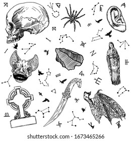 Occult Mystic Alchemy Witchcraft Elements Set. Vampire Bat, Dragon Wing, Saint Maria, Baby Jesus, Human Skull, Gravestone Or Tombstones Grave, Spider, Crystal, Human Ear, Sacrifice Knife. Vector. 