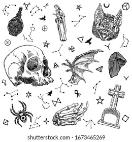 Occult Mystic Alchemy Witchcraft Elements Set. Vampire Bat And Fangs, Dragon Wing, Saint Maria, Baby Jesus, Human Skull, Antique Gravestone Or Tombstones Grave Cross, Spider, Crystal. Vector. 