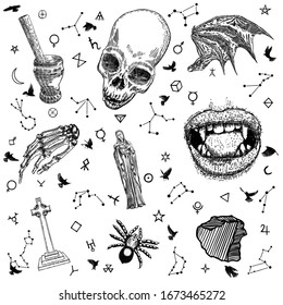 Occult Mystic Alchemy Witchcraft Elements Set. Vampire Fangs And Lips, Dragon Or Bat Wing, Saint Maria, Baby Jesus, Human Skull, Antique Gravestone Or Tombstones Grave Cross, Spider, Crystal. Vector. 