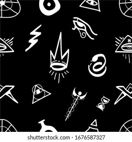 Occult mystic emblems, graphic design tattoo. Esoteric signs alchemy, decorative style.Design for poster, card, invitation, placard, brochure.