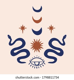 Occult Mystic Illustration, Graphic Design Tattoo. Esoteric Sign Alchemy, Decorative Style,evil Eye, Snake, Crescent Moon, Sun And Stars.