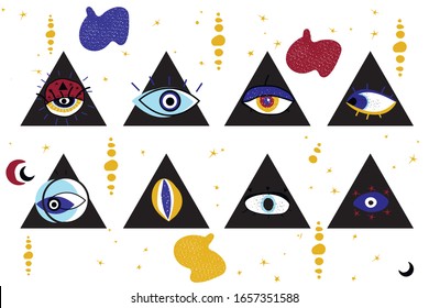 Occult mystical emblem. Evil eye. A set of hand-drawn different mascots.  Flat design. Free-hand drawing style. Esoteric alchemy of the sign, decorative style, vision of Providence.