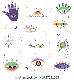 Occult mystical emblem. Evil eye. Hand drawn set of various mascots. Different shape. Flat design. Esoteric alchemy of the sign, decorative style, vision of providence.