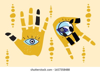 Occult mystical hands. Evil eye. A set of hand-drawn various mascots.  Flat design. The style of freehand drawing. Esoteric alchemy of the sign, decorative style, vision of Providence.