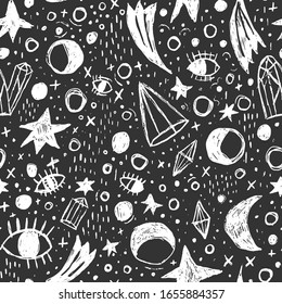 Oculta brujería mística vector de patrón sin fisuras. Antecedentes dibujados a mano con elementos sagrados de wicca. Diseño textil de superficie. Grunge ilustración de yoga