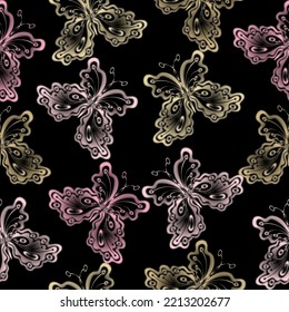 Occult neon illustration mystic black background Print of luna astrology moth pattern. 