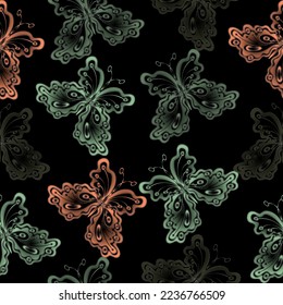 Occult neon illustration mystic black background seamless pattern for wallpaper, wrapping paper, fabric.
