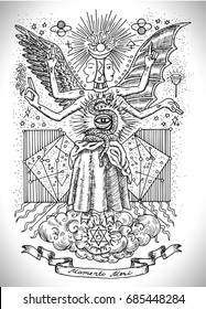 Occult and new age drawing of mystic and spiritual symbols, goddess of wisdom and eternity, vignette banner and constellations. Latin text Momento Mori means Remember that you have to die