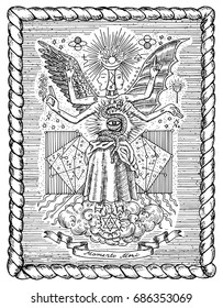 Occult and new age drawing of mystic and spiritual symbols, goddess of wisdom and eternity, vignette banner and constellations in frame. Latin text Momento Mori means Remember that you have to die