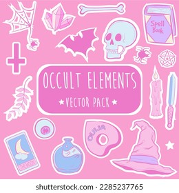 Occult objects pack with diverse wiccan and halloween elements. Vector collection with witchery and witchcraft drawings. Pastel goth doodles and stickers