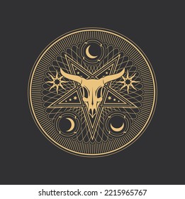 Occult Pentagram, Baphomet Skull In Pentacle Star, Esoteric Tarot And Magic Vector Symbol. Occultism, Alchemy And Cult Ritual Sign Of Baphomet Devil Or Goat Skull With Star And Moon In Occult Circle