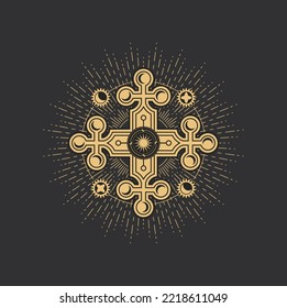 Occult Pentagram, Esoteric Symbol Of Magic Tarot, Vector Cross And Sun In Circle. Esoteric Alchemy, Occultism And Cosmology, Astrology And Ritual Cult Sign Of Round Cross With Sun And Moon Celestials