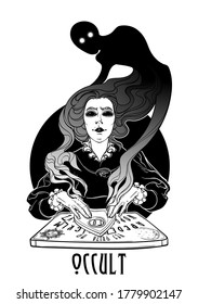 Occult practices. Victorian woman talking to spirits of the death with help of ouija. Black and white drawing isolated on white background. EPS10 vector illustration.