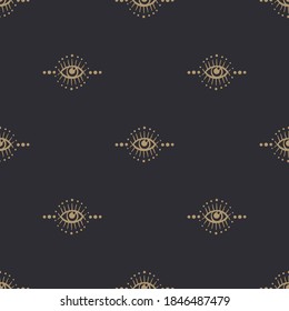 Occult print. Black seamless pattern with gold eyes. Sacred design.