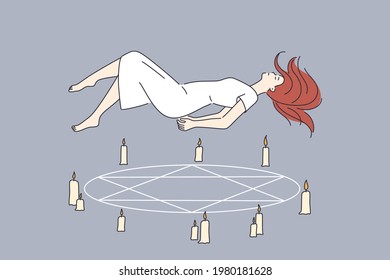 Occult rituals and spirituality concept. Sleeping young Woman in white dress cartoon character flying over pentagram circle with candles vector illustration 