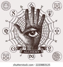 occult round sign with a human hand with the Masonic symbol of the all-seeing eye and runes. Vector banner on the theme of occultism or alchemy with a third eye on an open palm
