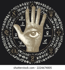 occult round sign with a human hand with the Masonic symbol of the all-seeing eye and runes. Vector banner on the theme of occultism or alchemy with a third eye on an open palm