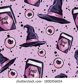 Occult seamless pattern with Halloween objects. Repetitive background with eyeballs, spell books and witch hats.