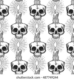 Occult seamless pattern. Skull and candle background vector