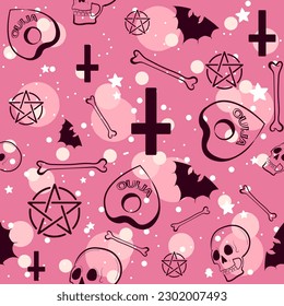 Patrón oculto y sin fisuras con cráneos, huesos, planchetas ouija y murciélagos. Repite el fondo de la gótica pastel con elementos de wiccan rosados.