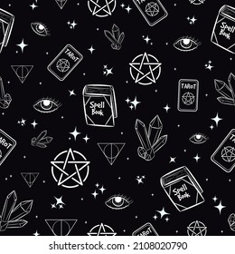 Occult Seamless Pattern With Witchy And Pagan Elements. Repeat Background With Spellbooks, Tarot Cards, Amethyst Crystals, Stars And Pentagrams.