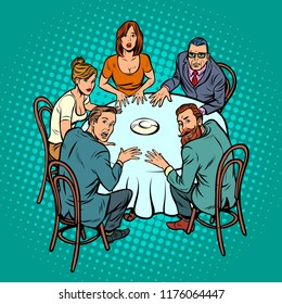 occult seance, people at the table. Pop art retro vector illustration kitsch vintage