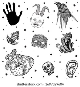 Occult set of mystic magic elements. Occultism with esoteric and witchcraft symbols. Human palm, poison toad, baby demon, crow, anatomical heart, skull, ear, gargoyle, owl mask. Vector.