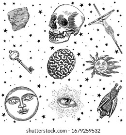 Occult set of mystic religion and devil symbols. Occultism and spiritual mysticism  drawings. Freemasonry and secret societies tattoo design, alchemy, witchcraft magic. Ancient book elements. Vector  