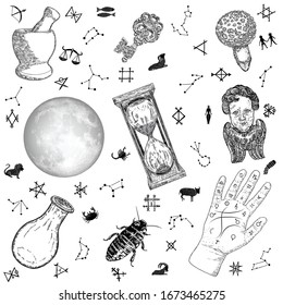 Occult set for witches. Elements for Book of spells and witchcraft alchemy. Zodiac constellations, symbols and magic alphabet background. Halloween Vector. 