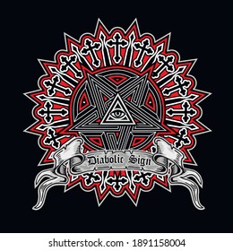 Occult sign with a pentagram and a masonic eye, grunge vintage design for t shirts