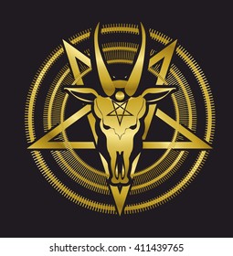 occult sign skull goat in the pentagram on a black background