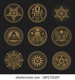 Occult signs, occultism, alchemy and astrology symbols and sacred religion mystic emblems. Vector magic eye, masonry pyramid and scarab, sun and moon in pentagram, egypt ankh esoteric round signs set
