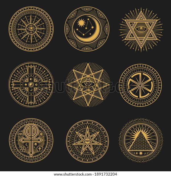 Occult signs, occultism, alchemy and astrology\
symbols. Vector sacred religion mystic emblems magic eye, masonry\
pyramid, swastika, sun or moon, constellation, pentagram, egypt\
ankh esoteric icons set