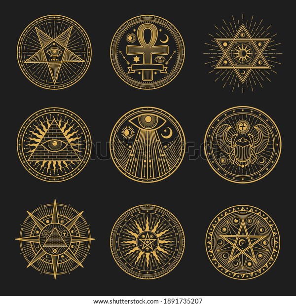 Occult signs, occultism, alchemy and astrology\
symbols and sacred religion mystic emblems. Vector magic eye,\
masonry pyramid and scarab, sun and moon in pentagram, egypt ankh\
esoteric round signs\
set