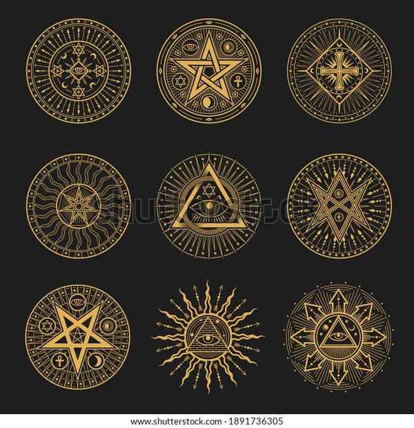 Occult signs, occultism, alchemy and astrology\
symbols. Vector sacred religion mystic emblems magic eye, masonry\
pyramid, egyptian ankh cross, sun or moon with rays, pentagrams\
esoteric icons set