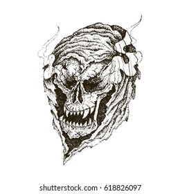 Occult Skull with hood and smoke from the eyes with Black Dots isolated on white. Vector Dotwork Illustration. Graphic sketch for tattoo, poster, clothes, t-shirt design, pins, badges and stickers.
