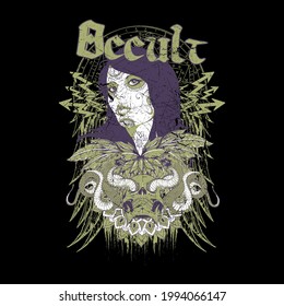 Occult slogan with women and skeleton design