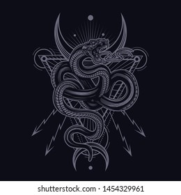 Occult snake poster. Vector illustration of snake in engraving technique with sacred geometry on dark background. Occult poster, t-shirt print, cover.