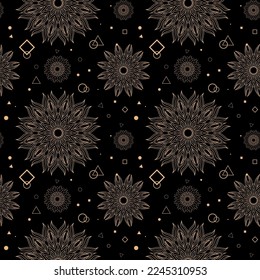 Occult sun mandala seamless pattern. Sacred Geometry Forms - Eye, Moon and Sun.