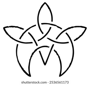 Símbolo oculto - tejido celta de media luna, tres hojas. Línea mística de arte Wiccan signo que simboliza la unidad de los tres principios y la sabiduría femenina. Dibujo lineal aislado de la luna, planta. Vector.