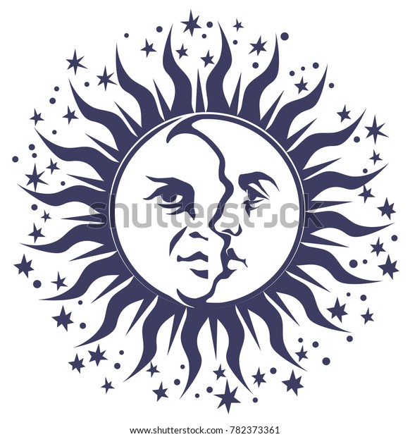 オカルト記号 星に囲まれた1枚の円盤に月と太陽の様式化した顔 ベクター画像イラスト のベクター画像素材 ロイヤリティフリー