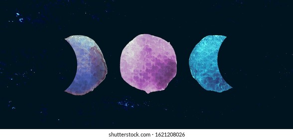 Occult symbol triple moon isolated on dark background. Magic vector decorative elements