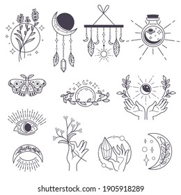 Occult symbols and magical signs, magic and witchcraft. Isolated boho labels and emblems. Moon and potion, crystal and eye. Floral branch and dream-catcher. Monochrome sketch outline, vector in flat