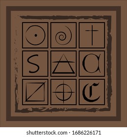 Occult symbols on wooden board.