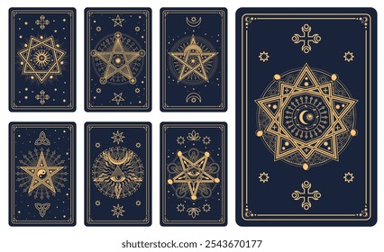 Cartas de vetor de tarô oculto com padrão de linha de ouro de Lua, Sol, estrelas, olho esotérico de providência e pentagrama mágico. Cartas de tarô místico vintage conjunto com contorno de quadros geométricos, ornamento celestial