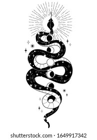 Occult trendy hand drawn illustration with snake, moon and stars.