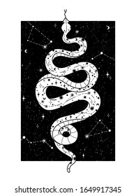 Occult trendy hand drawn illustration with snake, moon and stars.