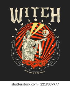 Occult T-shirt print, Witch, Girl with a skull in her hand