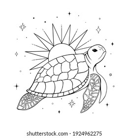 Occult turtle illustration. Coll animal with stars and sun poster. Mystic marine logo. Creative design with reptile